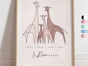 Personalised Giraffe Family Portrait – Custom Name Art for Mom