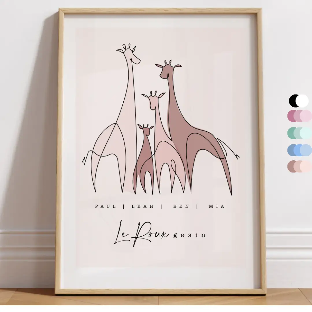 Personalised Giraffe Family Portrait – Custom Name Art for Mom