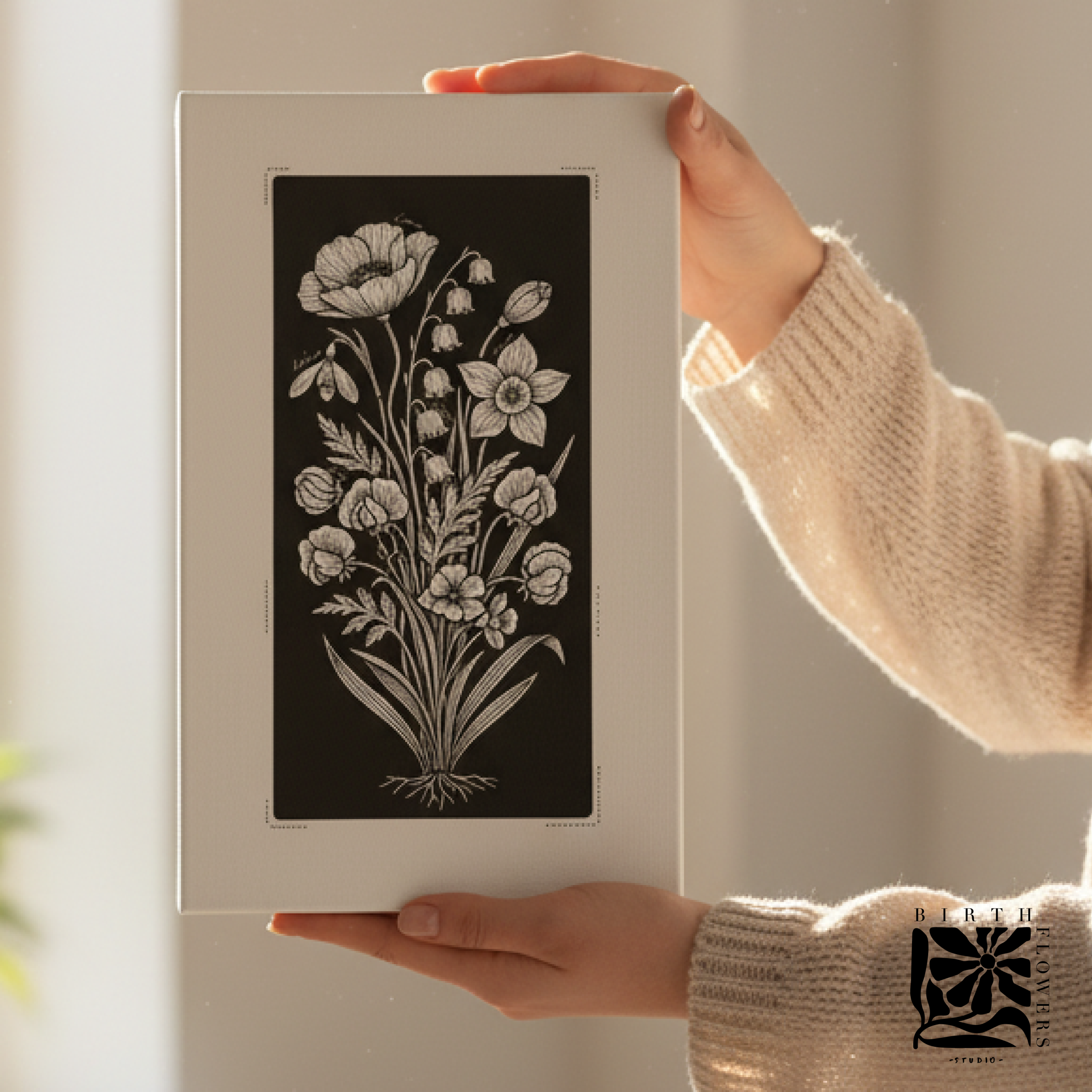 Blocked Ink Birth Flower Print – Personalised Black & White Floral Art - Image 4